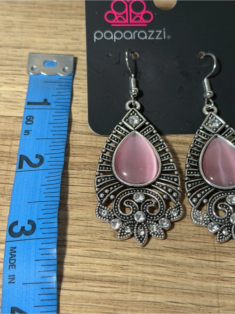 paparazzi Pink Teardrop Filigree Drop Earrings with Rhinestones